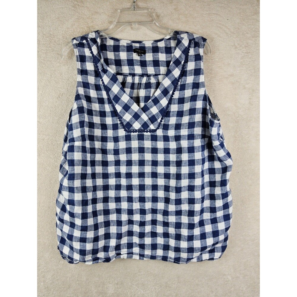 Talbots Women's 100% Linen Sleeveless V Neck Plaid Top Size 2X
